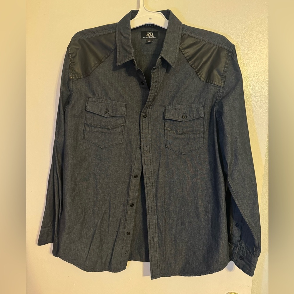 “Timeless Western Elegance: Pristine Grey Denim Shirt with Leather Accents”